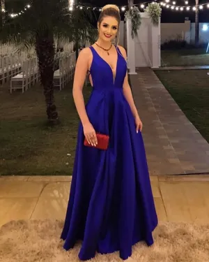 Plunge Neck Blue Prom Dress Backless Evening Formal Dresses