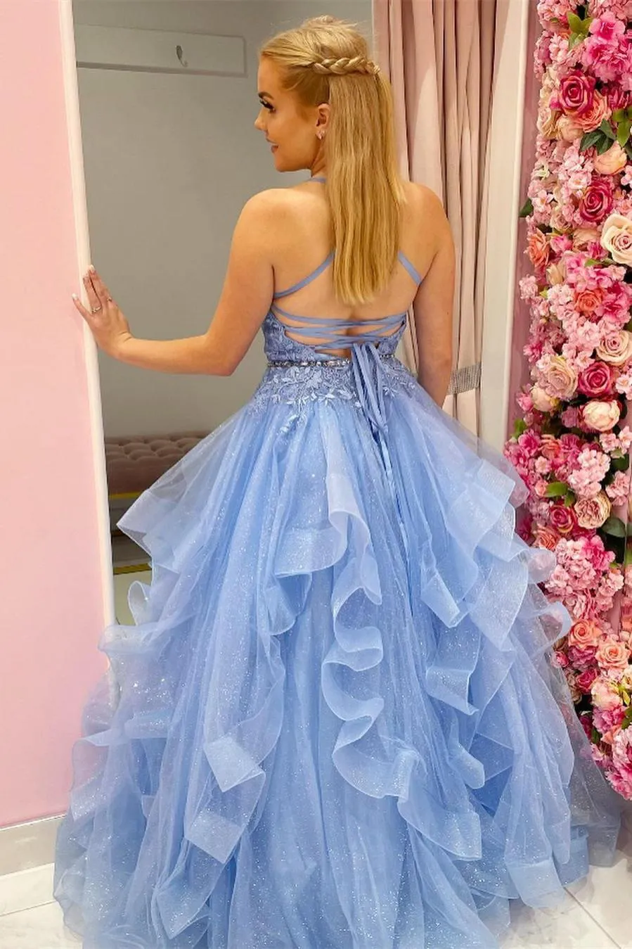 Princess Sky Blue Tiered Tulle Prom Formal Dress with Appliques TP1151