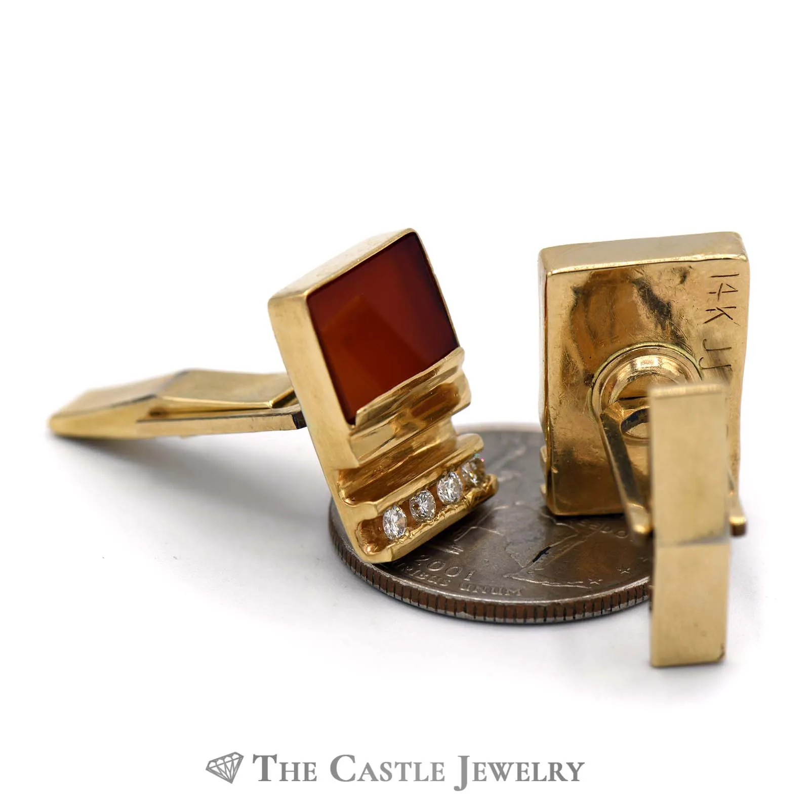 Rectangle Orange Sardonyx Cuff Links with Channel Set Diamonds in 14K
