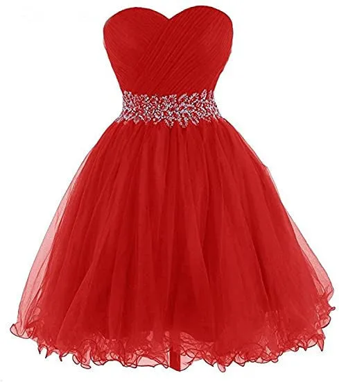 Red Beaded Sweetheart Tulle Homecoming Dress, Red Party Dress