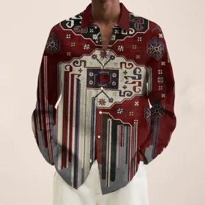 Red Ethnic Pattern Design Vintage Stripe Print Long Sleeve Shirt