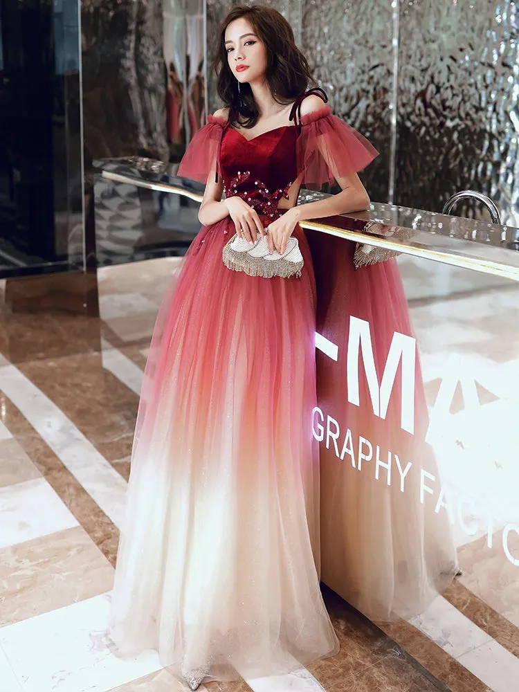 Red Tulle and Velvet Gradient Straps Long Evening Gown, Red Lovely Prom Dresses
