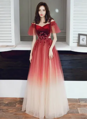 Red Tulle and Velvet Gradient Straps Long Evening Gown, Red Lovely Prom Dresses
