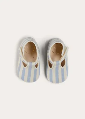Regency Striped T-Bar Pram Shoes in Blue (17-20EU)