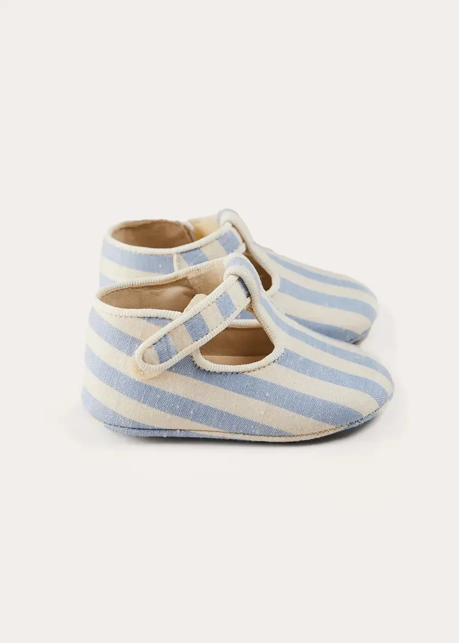 Regency Striped T-Bar Pram Shoes in Blue (17-20EU)