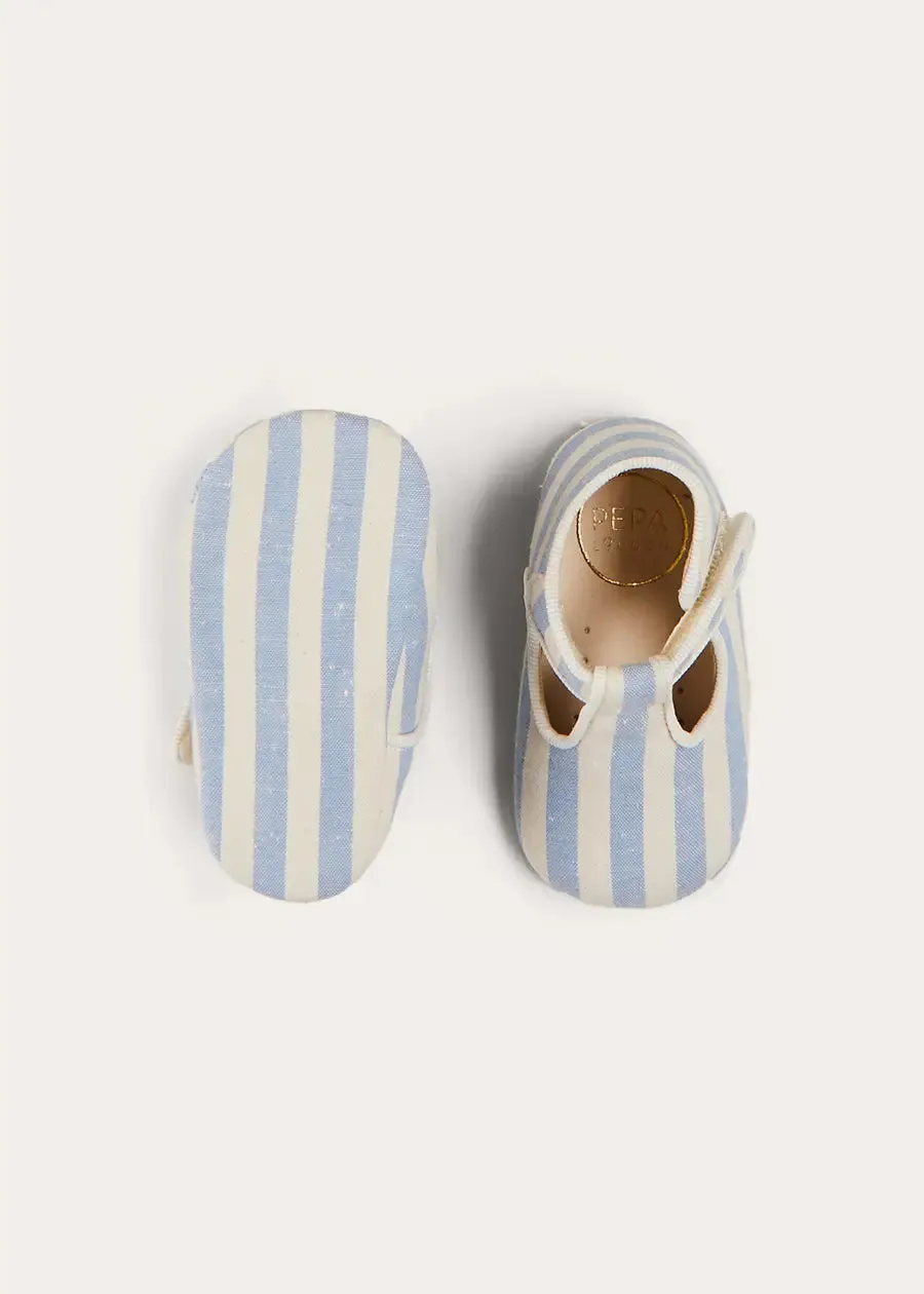 Regency Striped T-Bar Pram Shoes in Blue (17-20EU)