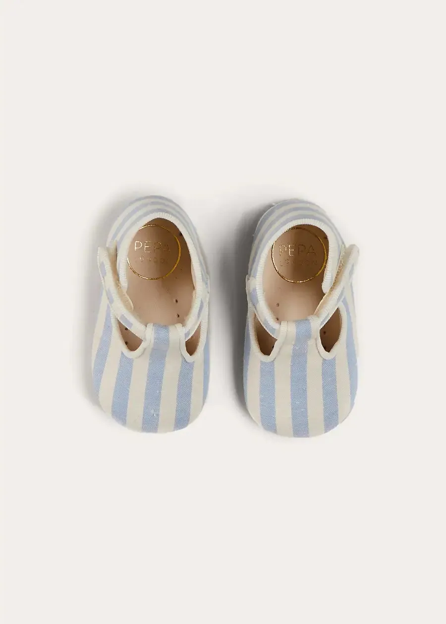Regency Striped T-Bar Pram Shoes in Blue (17-20EU)