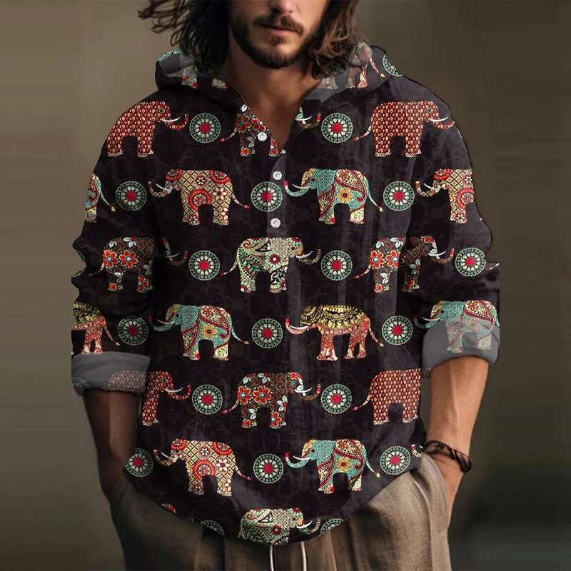 Retro African Ethnic Style Elephant Pattern Print Shirt