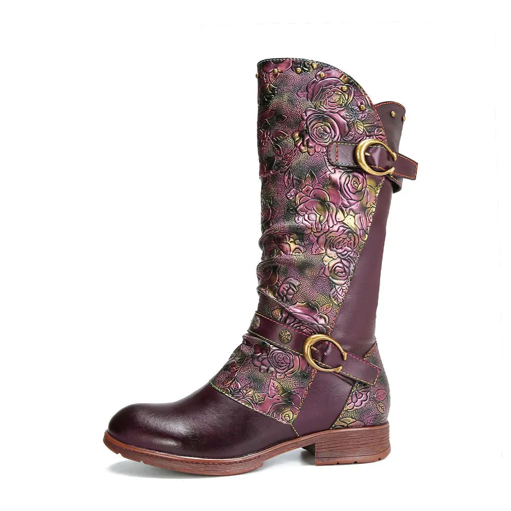 Retro Painted Buckle Flat Tall Boots
