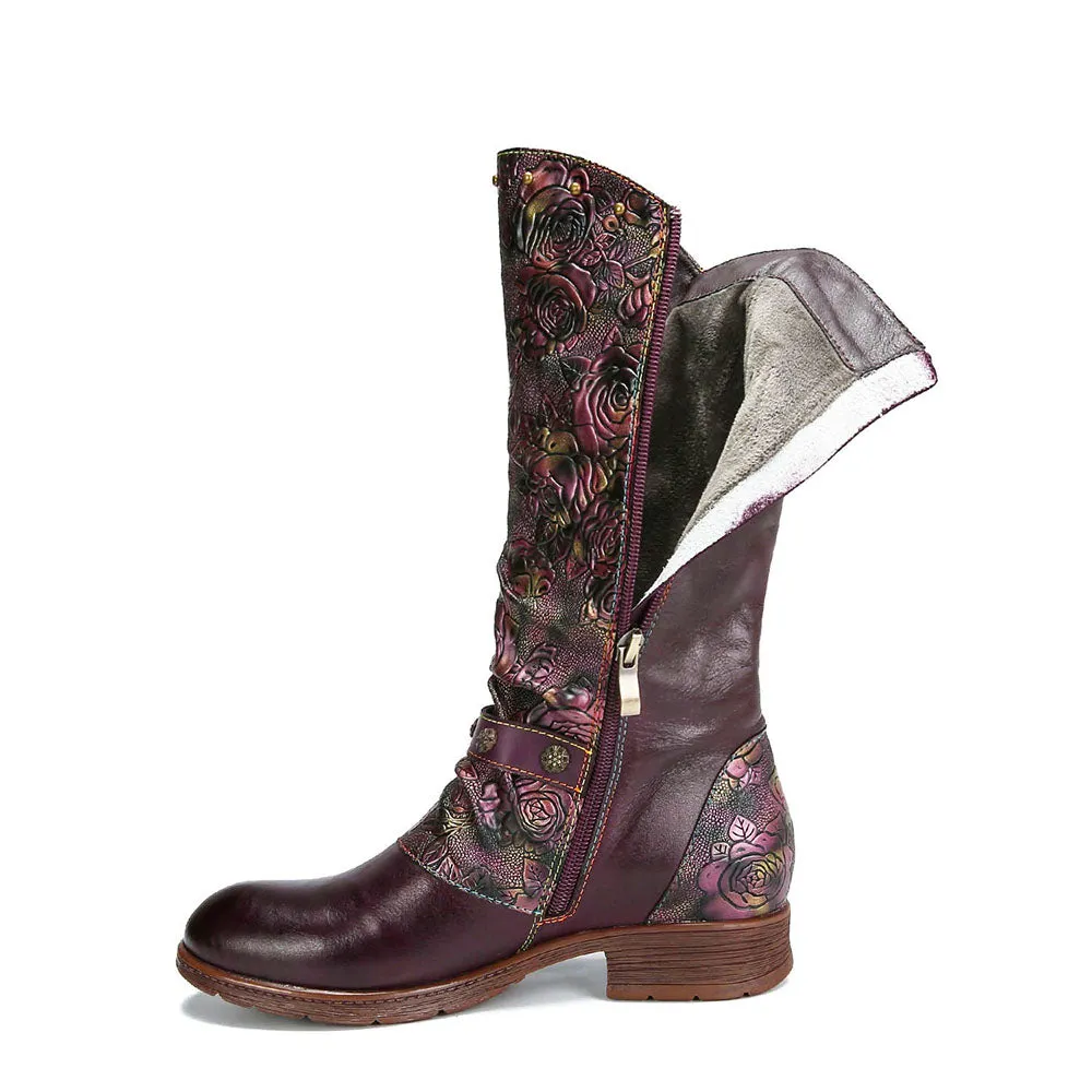 Retro Painted Buckle Flat Tall Boots