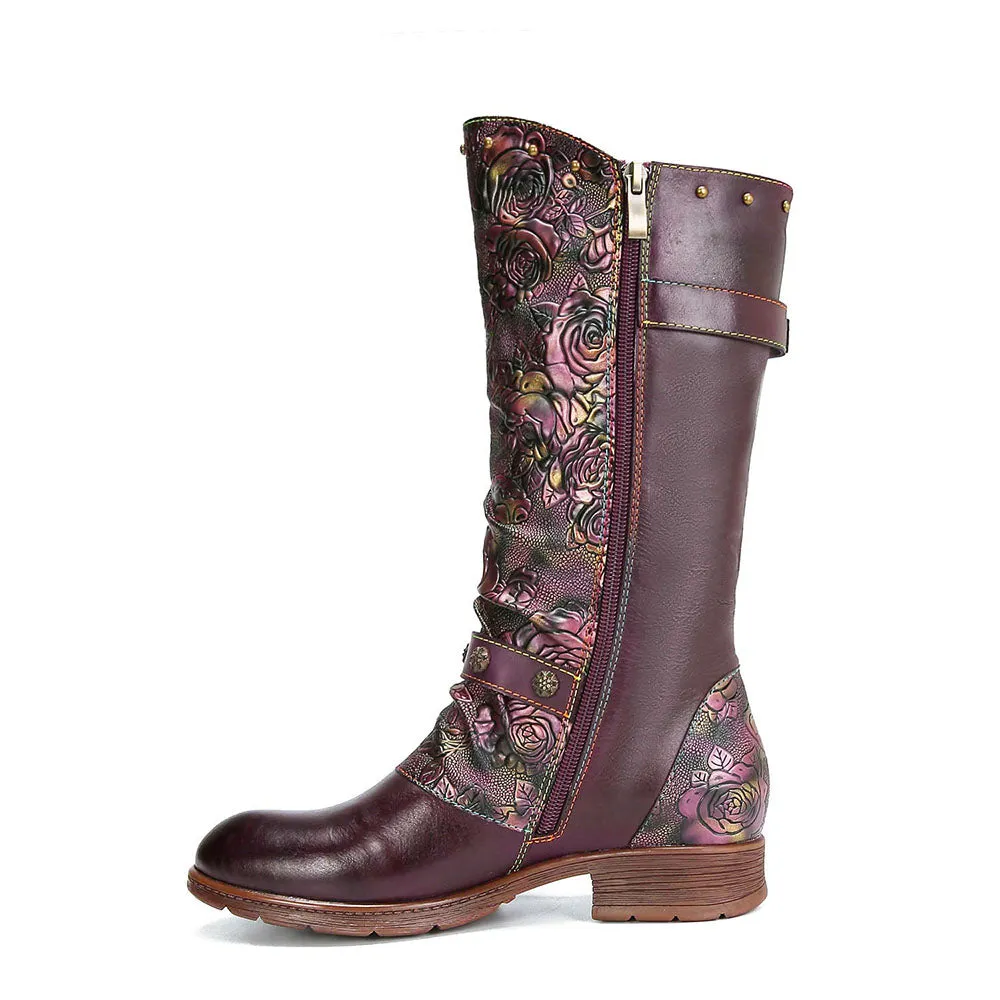 Retro Painted Buckle Flat Tall Boots