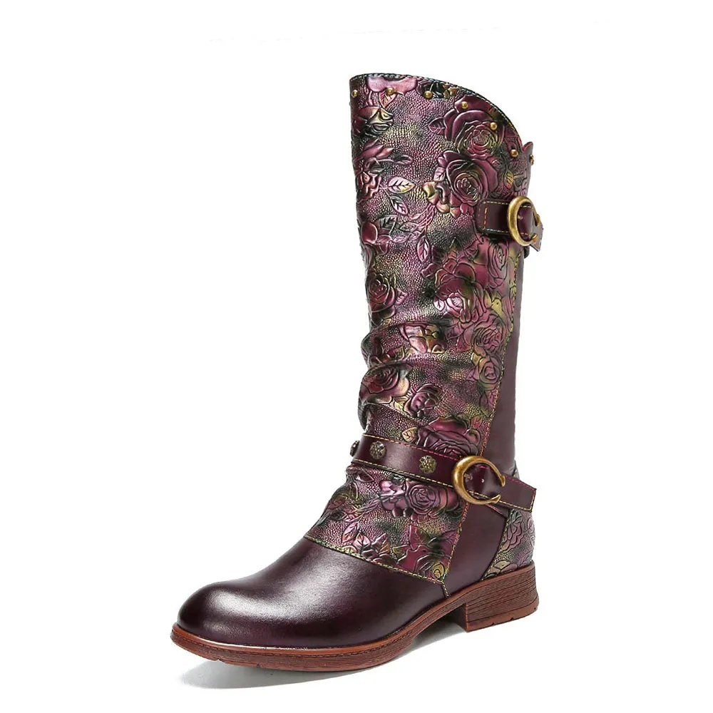 Retro Painted Buckle Flat Tall Boots