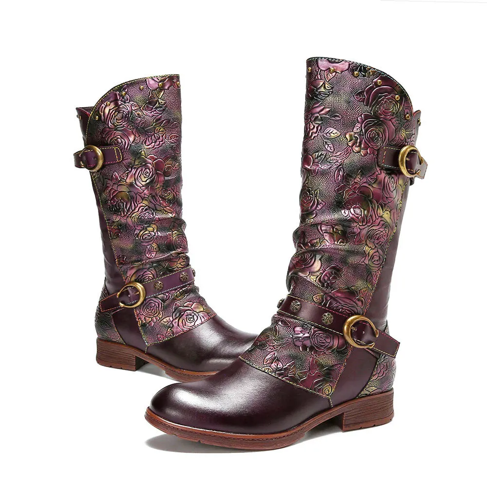 Retro Painted Buckle Flat Tall Boots