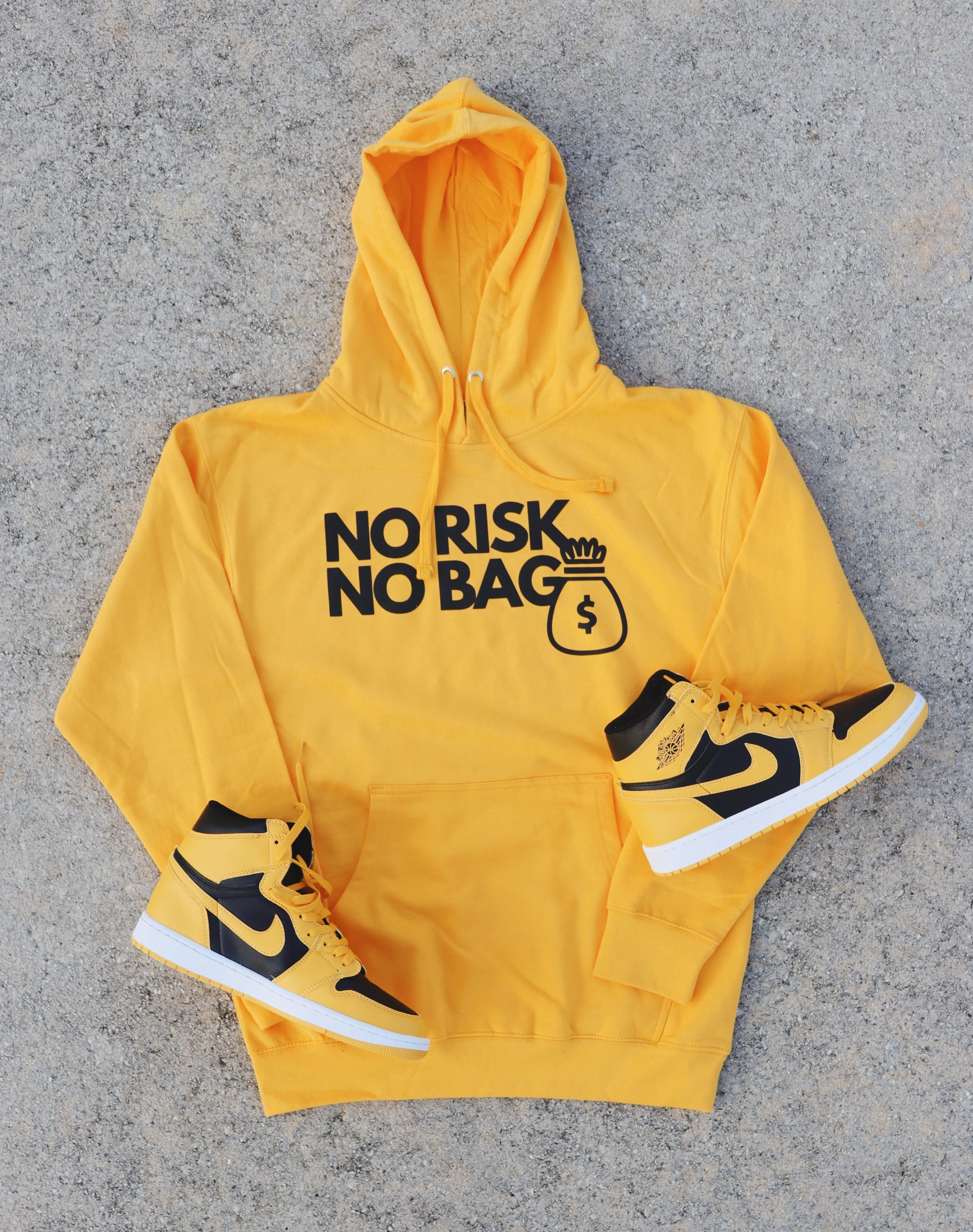 RISKY REWARDS “NO RISK NO BAG” PULLOVER GOLD HOODIE