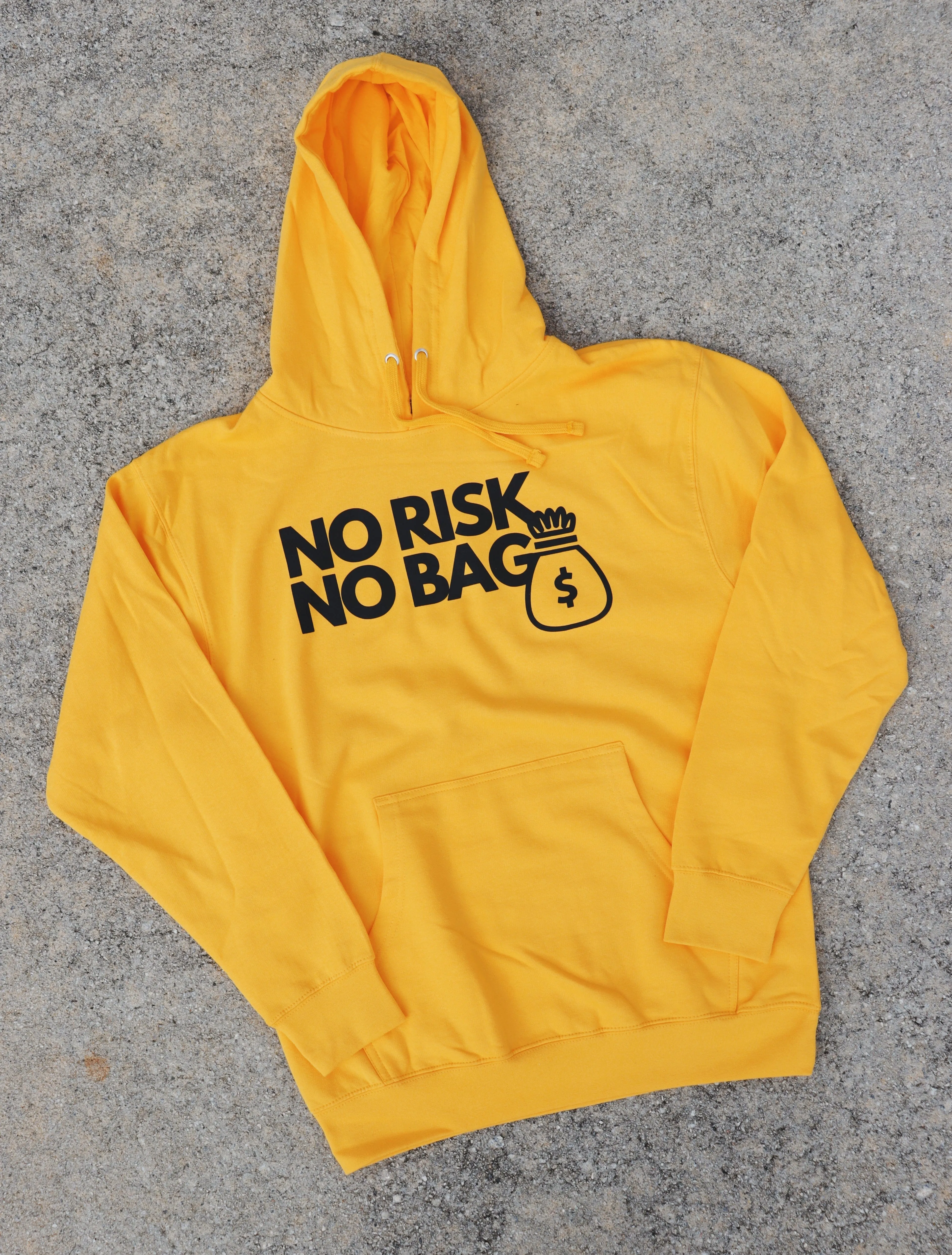 RISKY REWARDS “NO RISK NO BAG” PULLOVER GOLD HOODIE