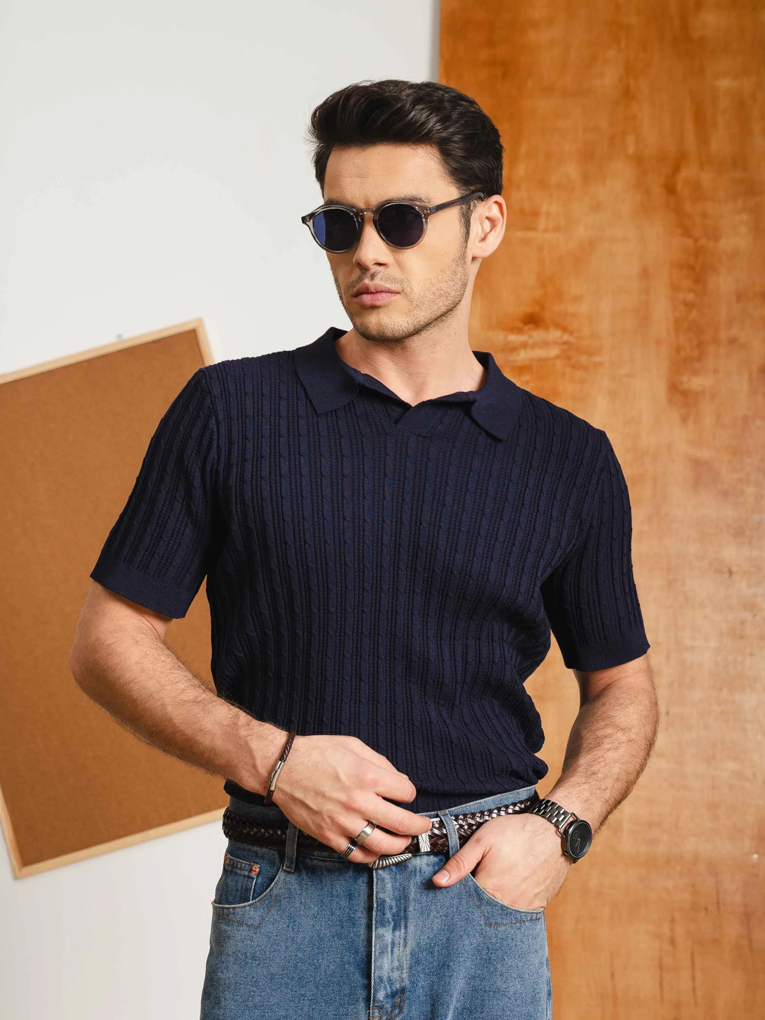 Rompii Knit Polo Tee - Navy Blue