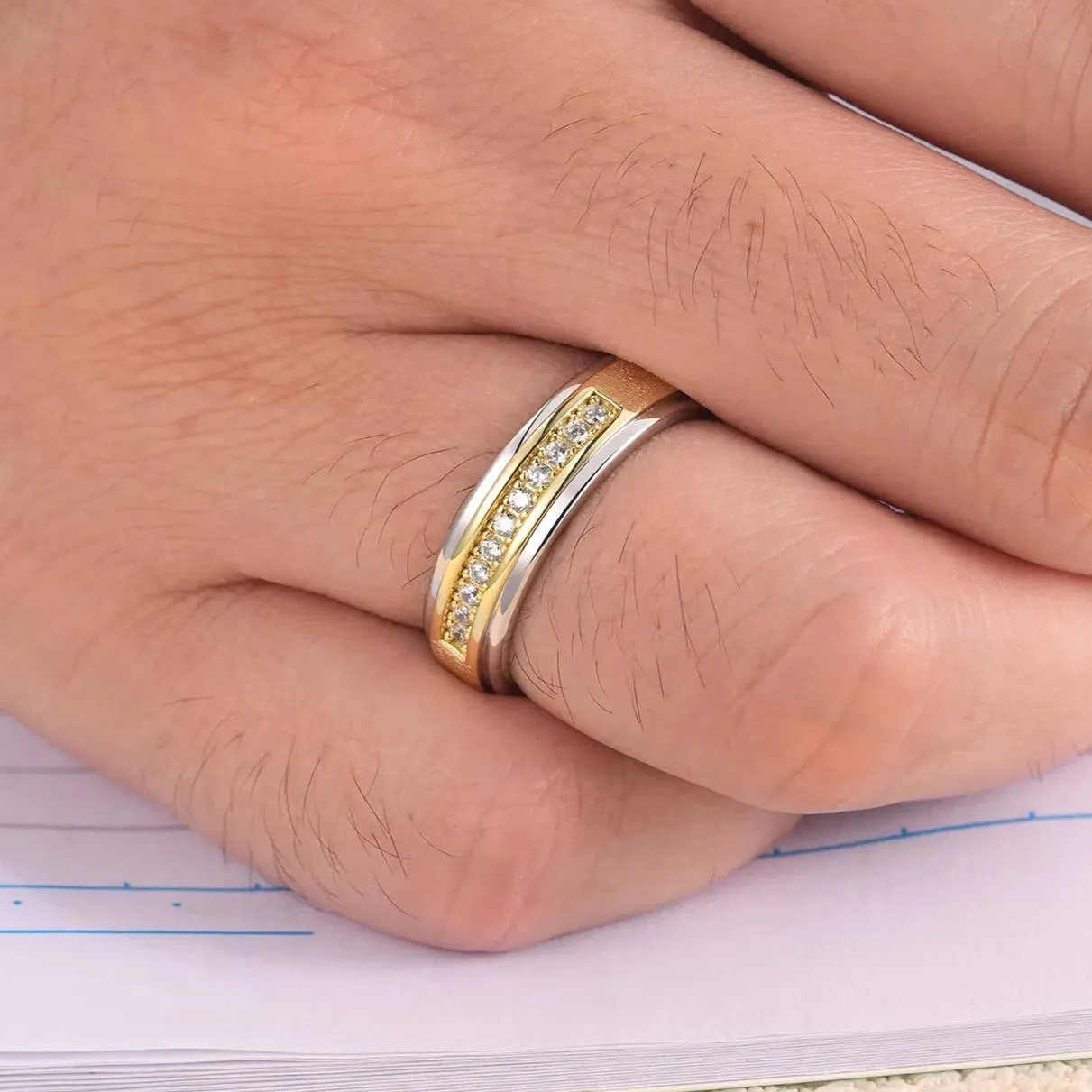 Round Cut Created Diamond Two Tone Men's Wedding Band