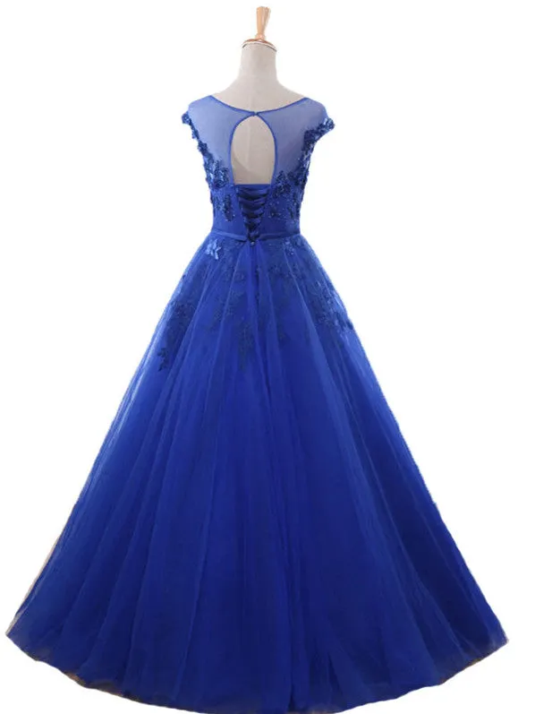 Royal Blue Ball Gown Tulle with Lace Round Cap Sleeves Prom Dress, Blue Sweet 16 Dress