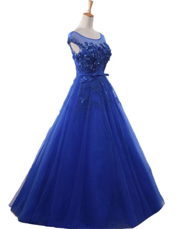 Royal Blue Ball Gown Tulle with Lace Round Cap Sleeves Prom Dress, Blue Sweet 16 Dress