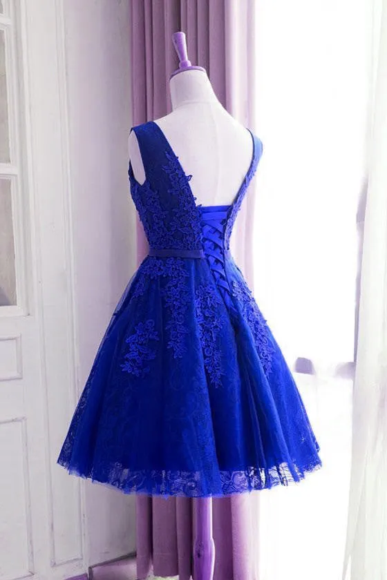 Royal Blue Lace Applique Tulle Knee Length Homecoming Dress, Charming Short Prom Dress