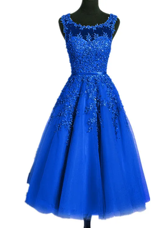 Royal Blue Tulle Tea Length Applique Round Neckline Formal Dress, Blue Wedding Party Dress
