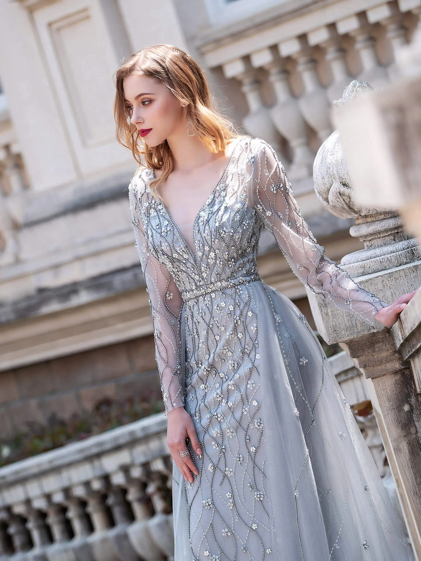 Roycebridal Mermaid Beaded V-neck Luxurious Fashion Formal Evening Dresses Long Sleeve Floor Length
