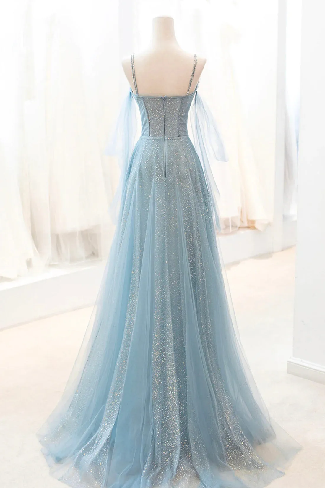 Roycebridal Roycebridal Kathryn | Dusty Blue Sparkly Tulle Long Prom Dress, A-Line Spaghetti Strap Evening Dress