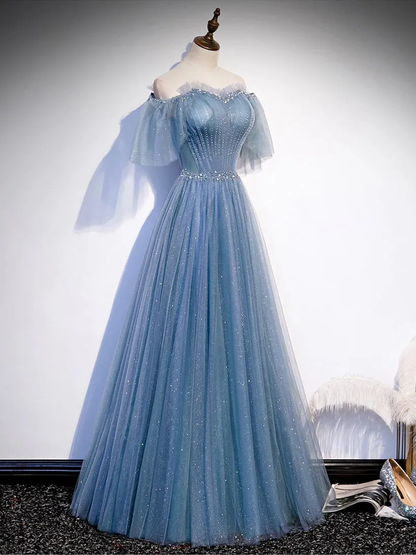 Roycebridal Roycebridal Sweetheart-Neck Tulle Flare Sleeves Beaded Sequin Prom Dresses Formal Evening Dresses
