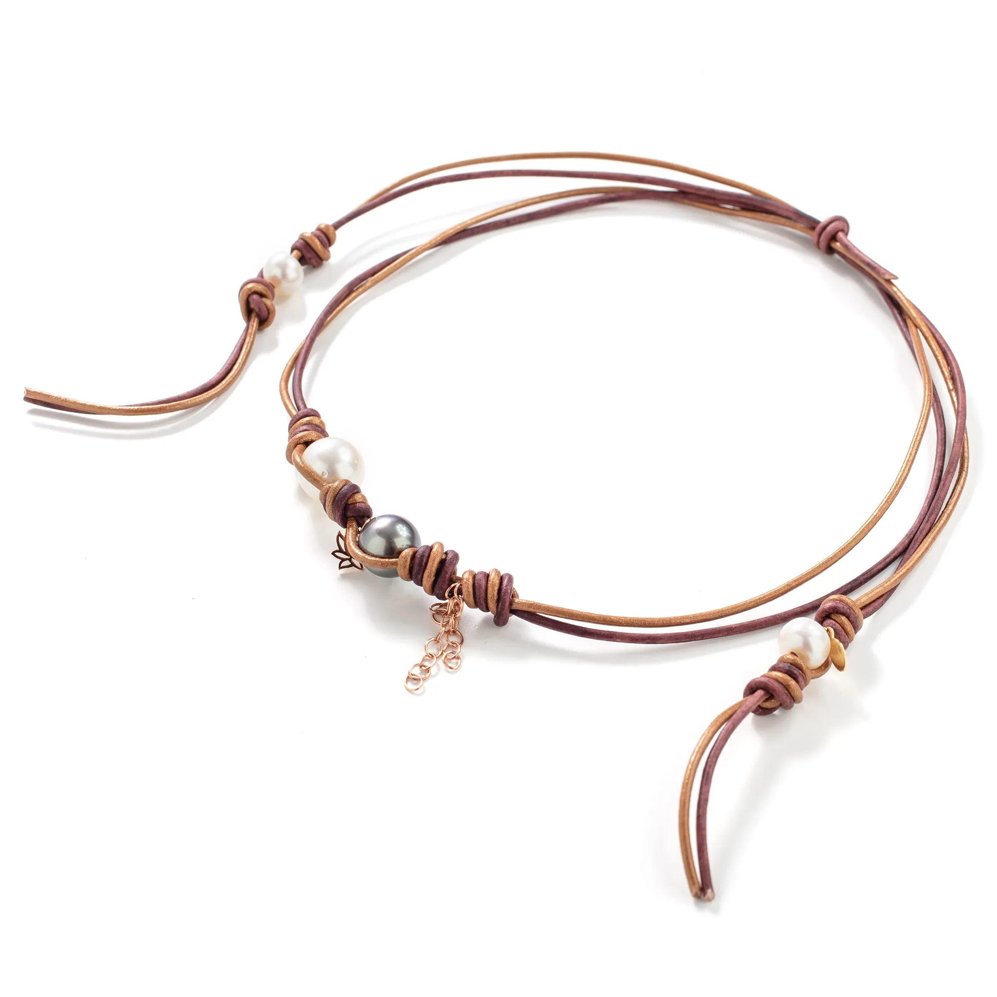 Santorini Sunset South Sea Rocker Pearl Rose Gold Flower Chain Leather Necklace