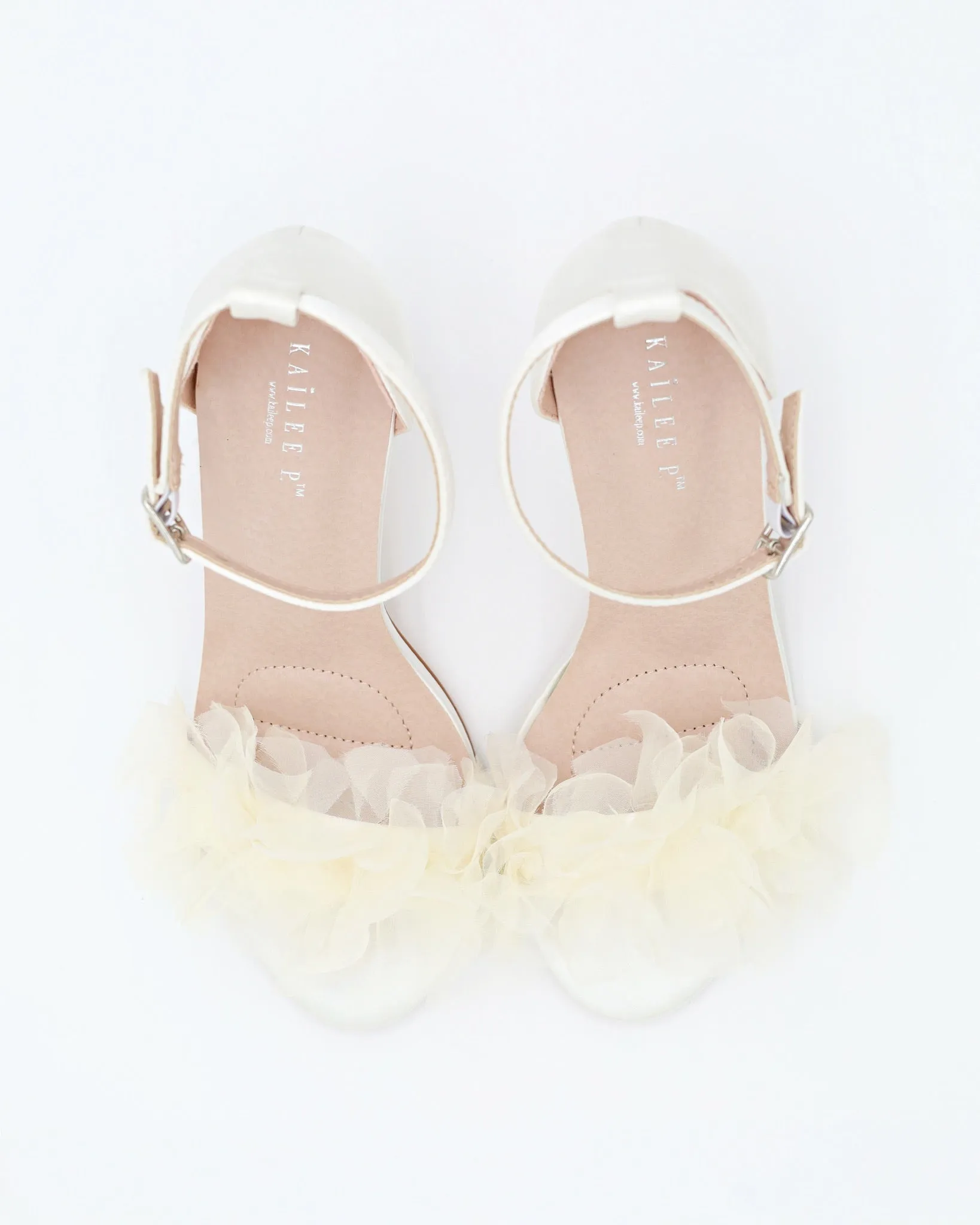 Satin High Heel Wedding Sandals with Ophelia Ruffles Organza