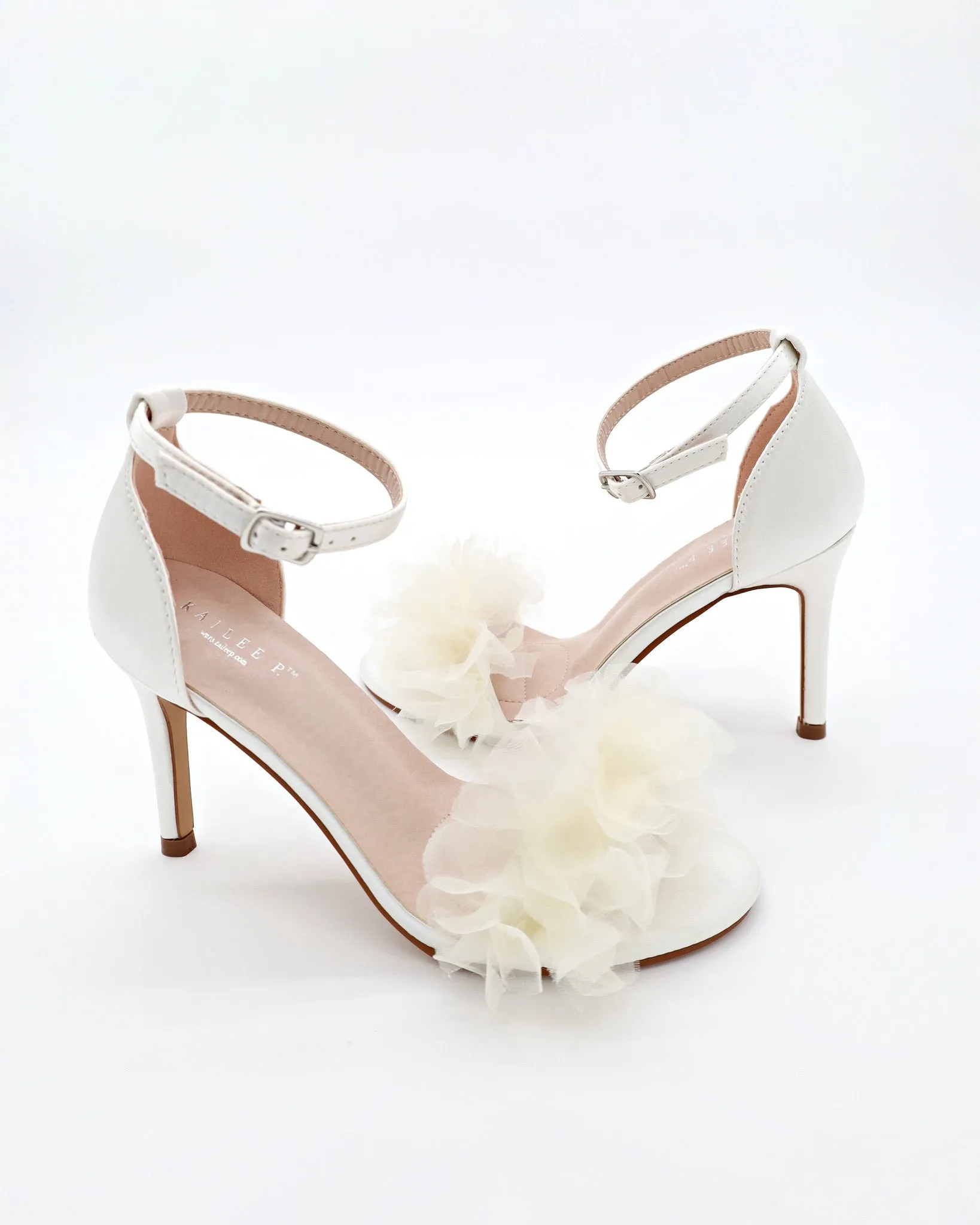 Satin High Heel Wedding Sandals with Ophelia Ruffles Organza