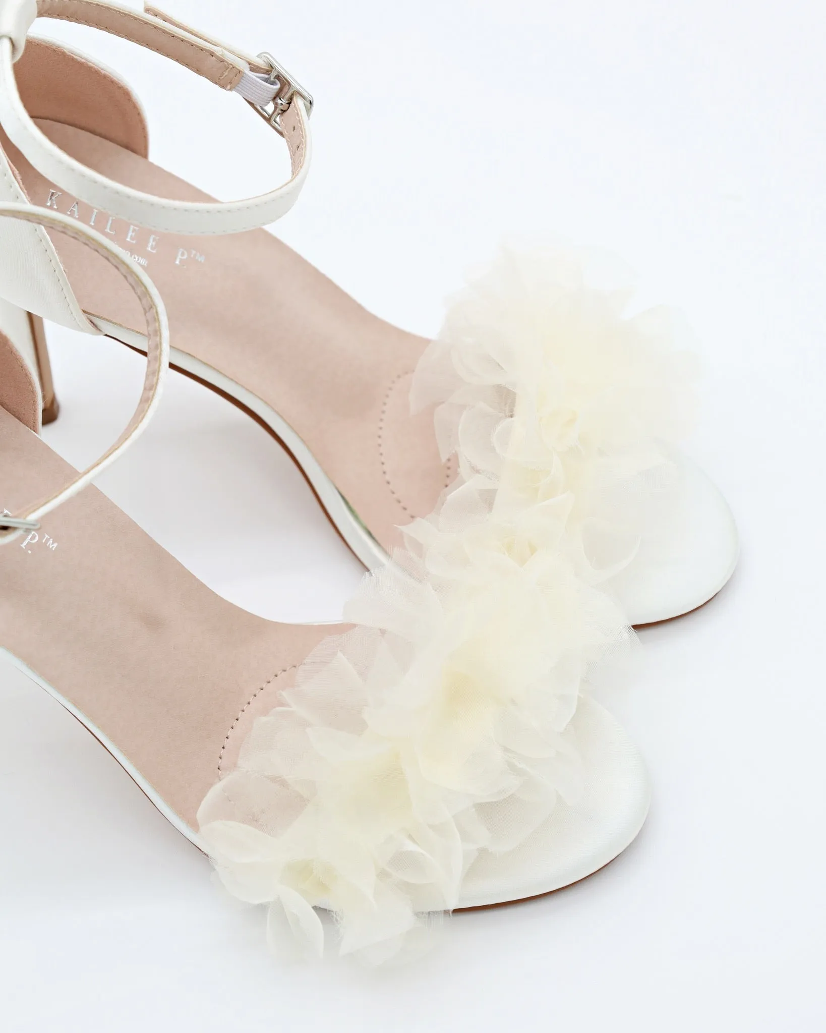Satin High Heel Wedding Sandals with Ophelia Ruffles Organza