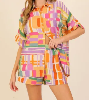 SAVE BY THE BELL BUTTON DOWN TOP  -PINK MULTI