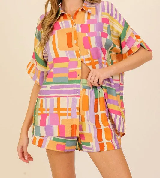 SAVE BY THE BELL BUTTON DOWN TOP  -PINK MULTI