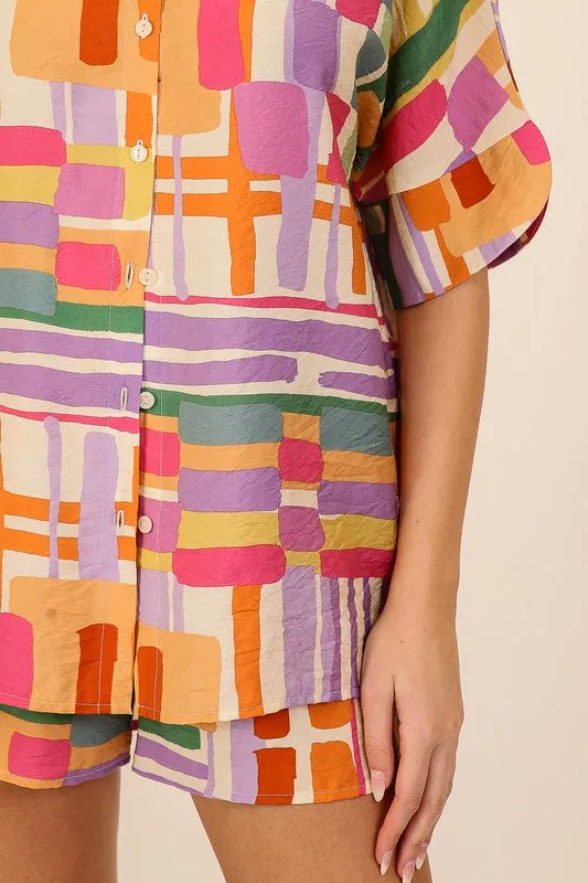 SAVE BY THE BELL BUTTON DOWN TOP  -PINK MULTI