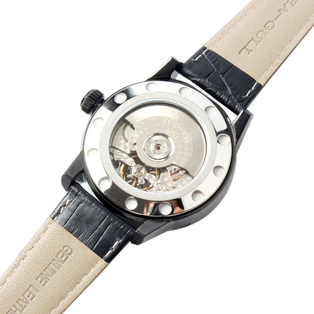 Seagull retro auto date power reserve display automatic watch self wind mechanical 219.327 sapphire crystal leather strap