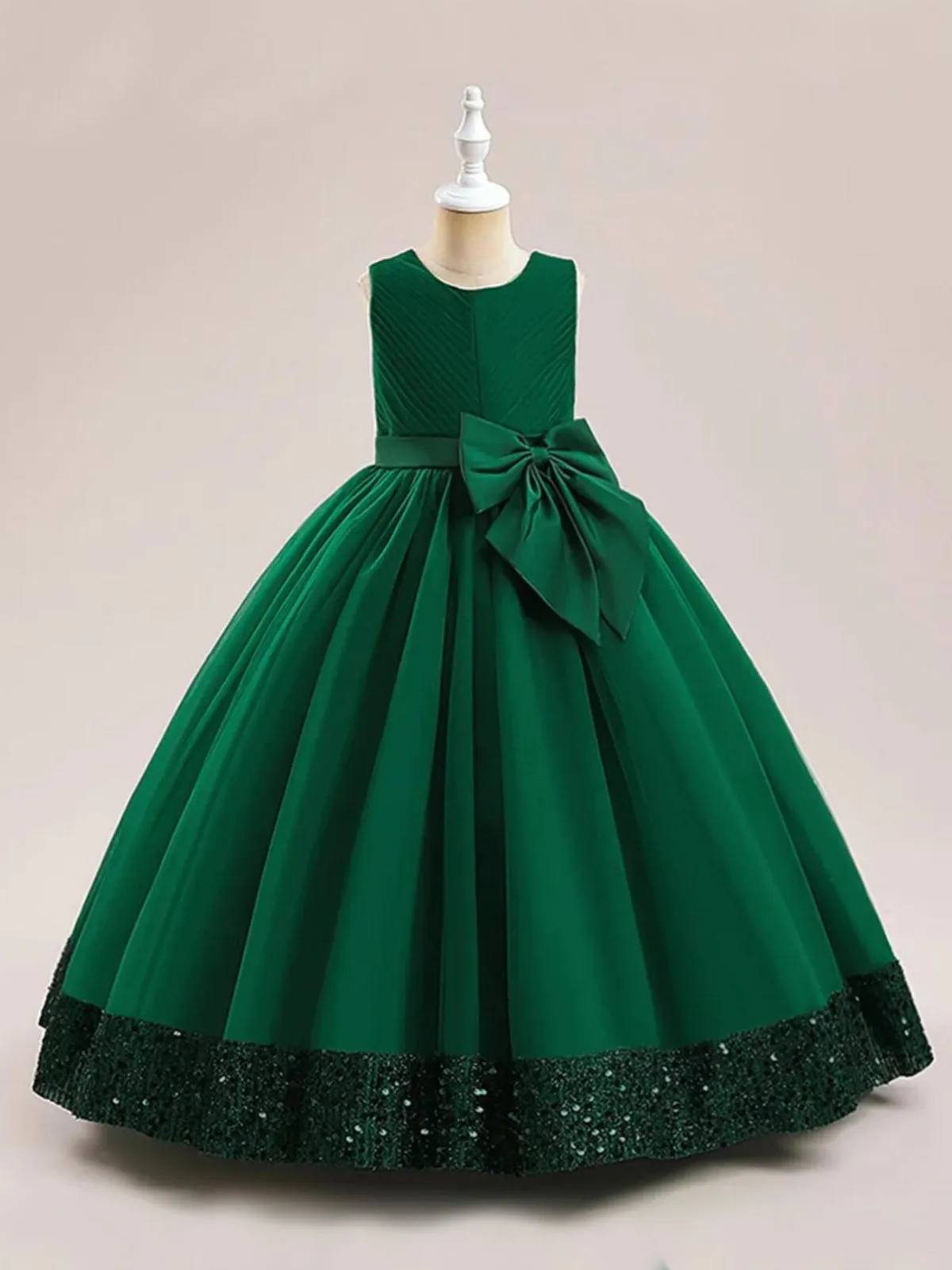Sequin Multi-Layered Ball Gown with Bow Accent