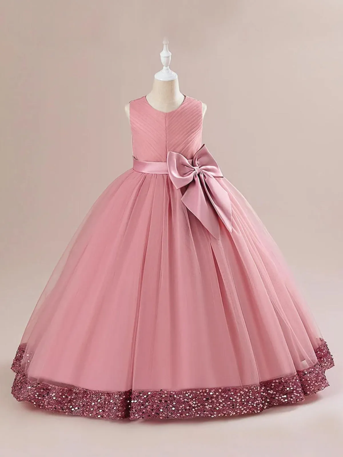 Sequin Multi-Layered Ball Gown with Bow Accent