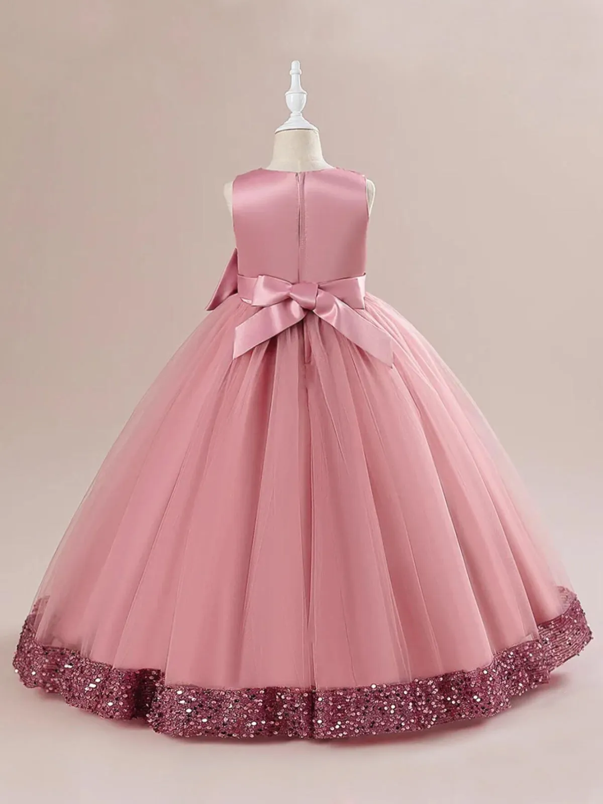 Sequin Multi-Layered Ball Gown with Bow Accent