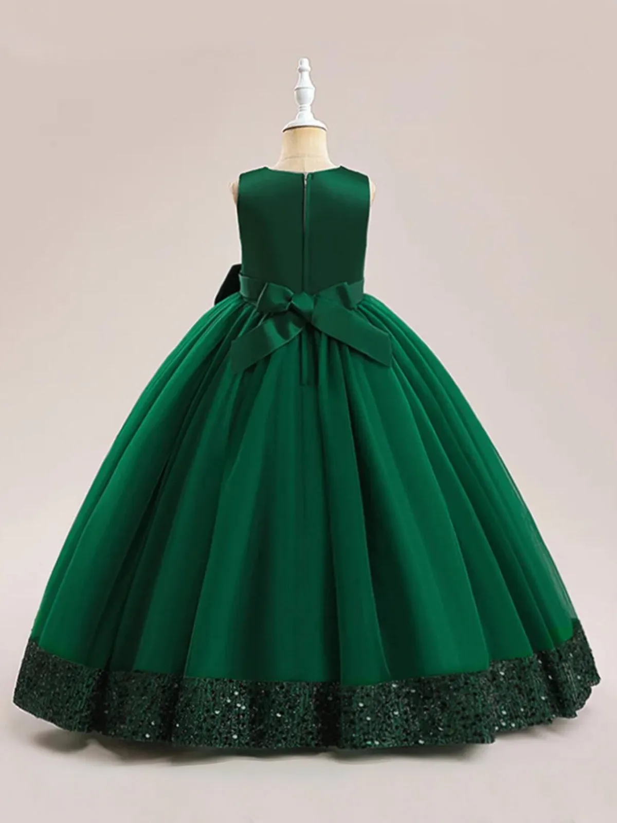 Sequin Multi-Layered Ball Gown with Bow Accent