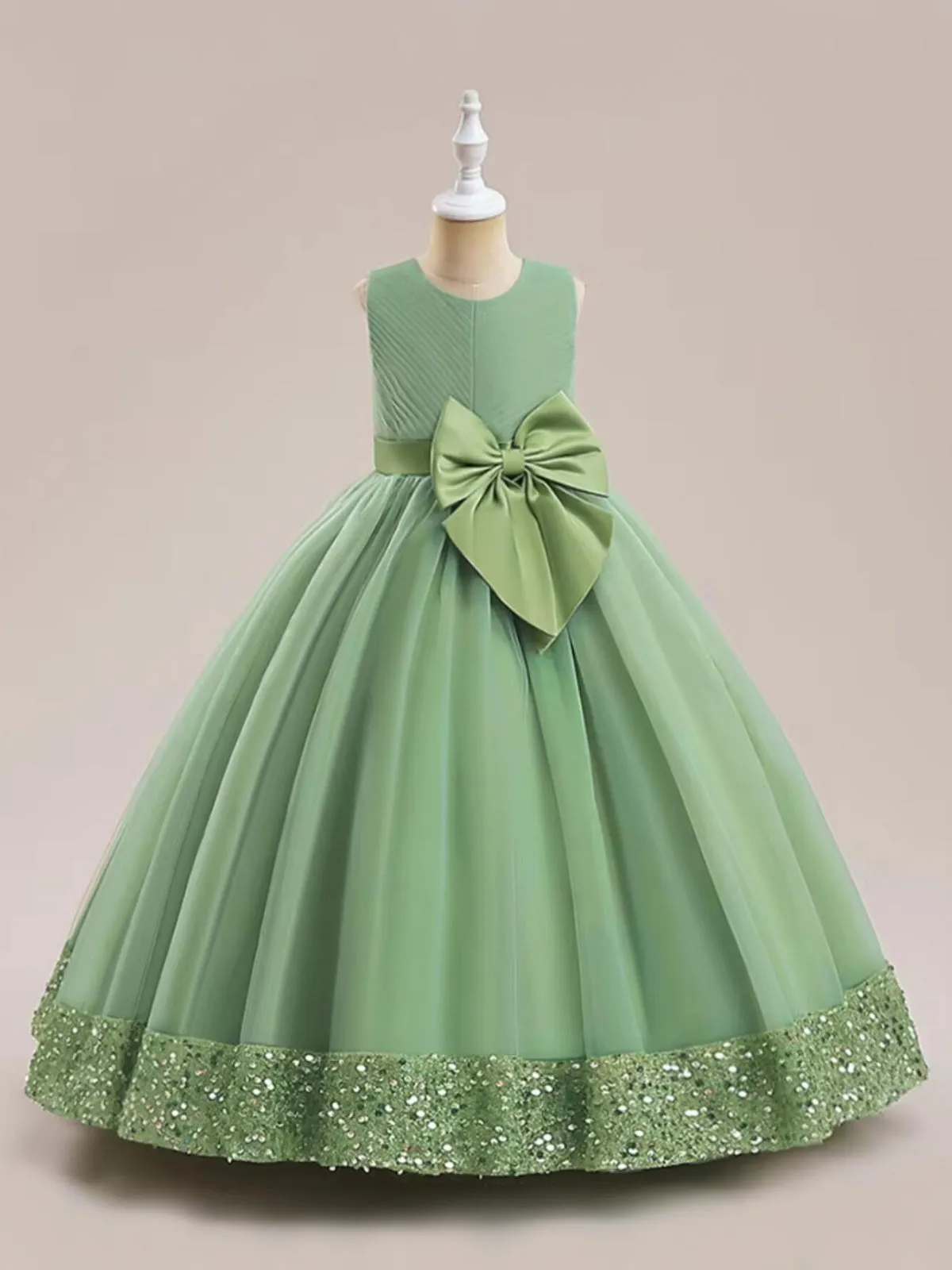 Sequin Multi-Layered Ball Gown with Bow Accent