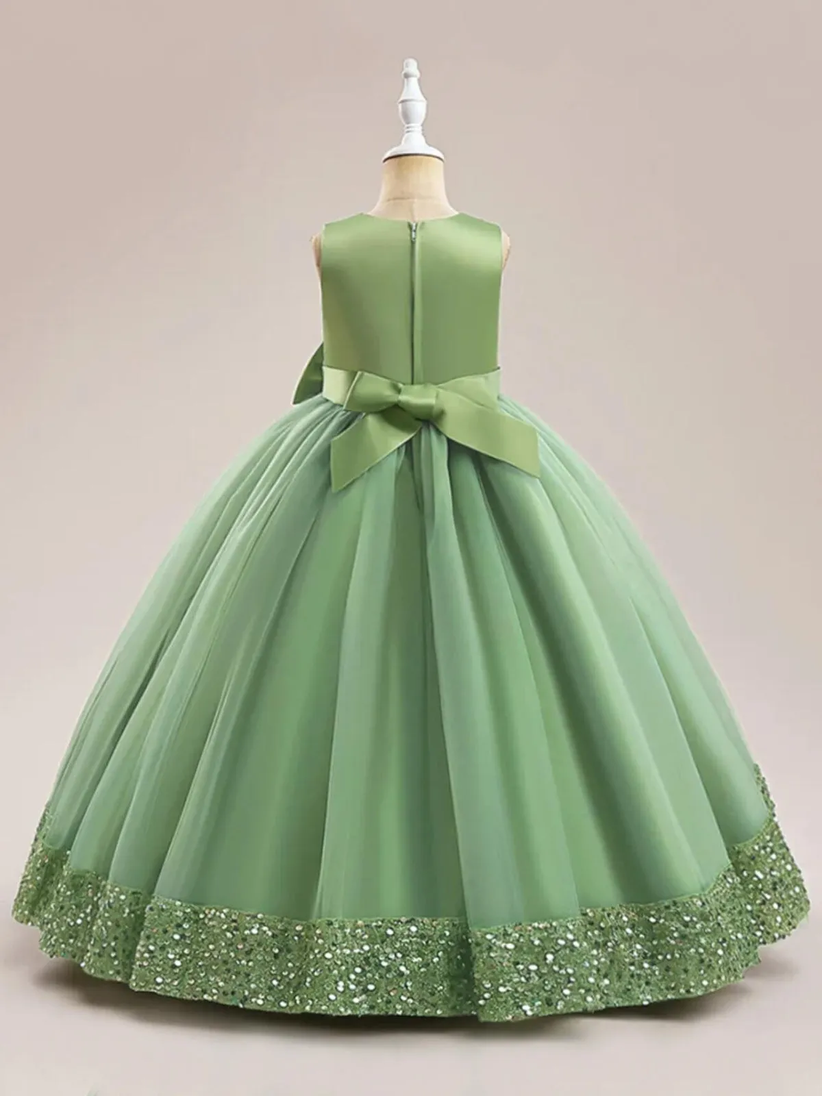 Sequin Multi-Layered Ball Gown with Bow Accent