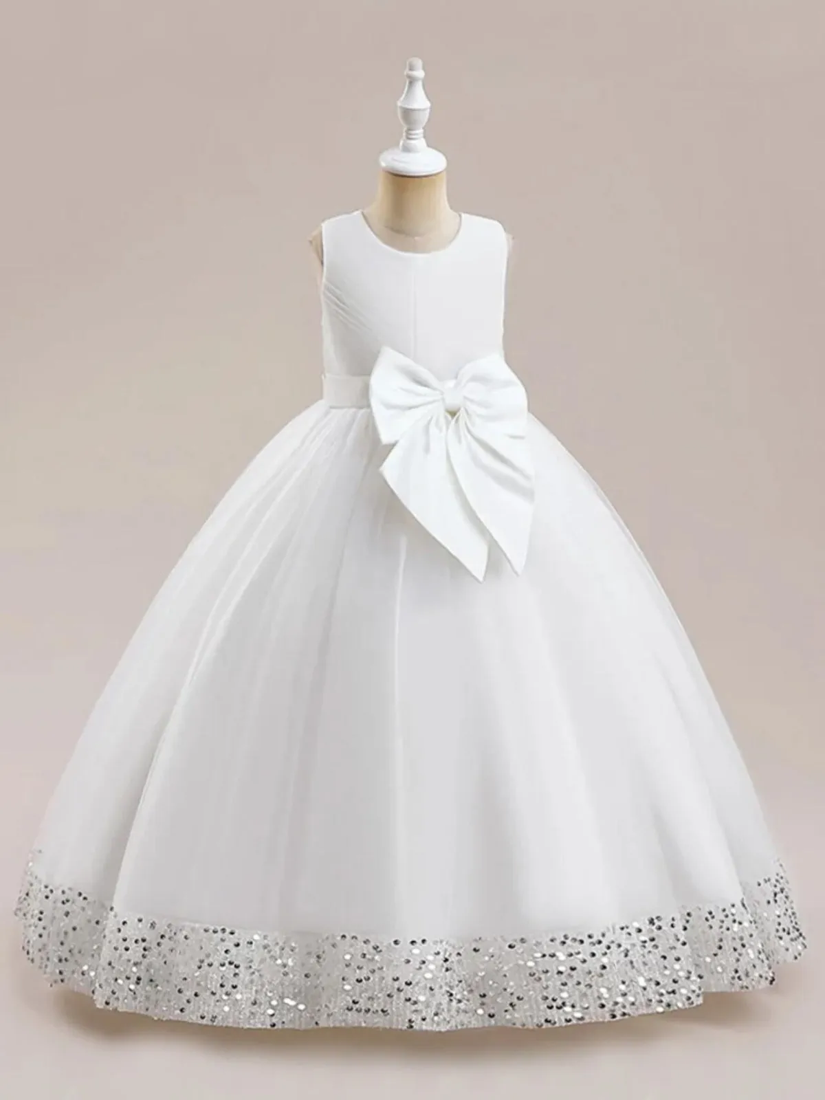 Sequin Multi-Layered Ball Gown with Bow Accent