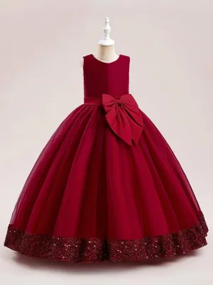 Sequin Multi-Layered Ball Gown with Bow Accent