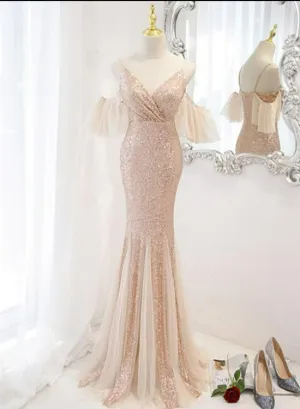 Sequins and Tulle Mermaid Long Party Dress Prom Dress, Off Shoulder Formal Dresses