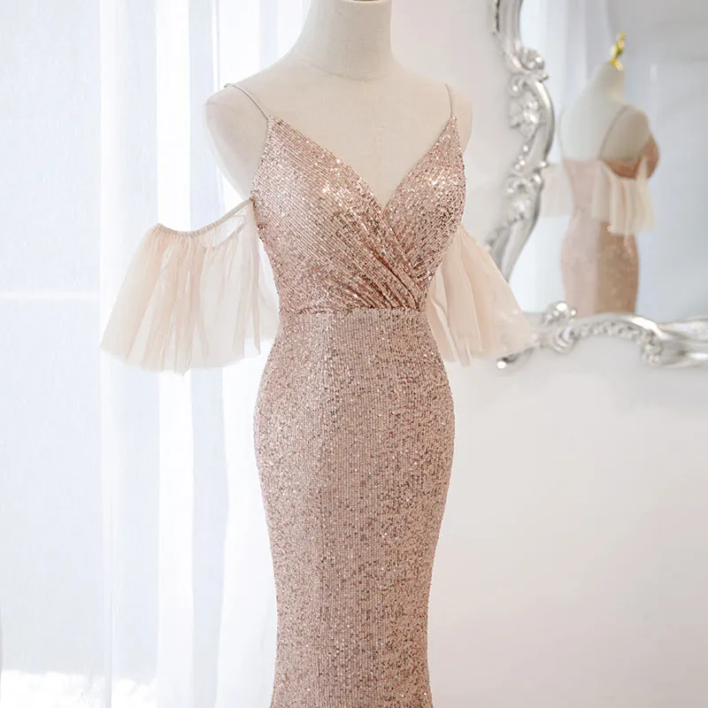 Sequins and Tulle Mermaid Long Party Dress Prom Dress, Off Shoulder Formal Dresses
