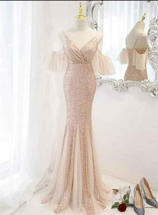 Sequins and Tulle Mermaid Long Party Dress Prom Dress, Off Shoulder Formal Dresses