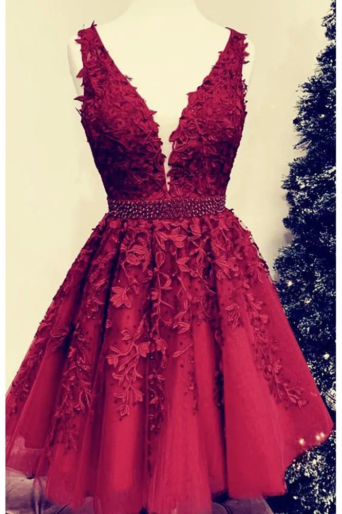 Sexy Short V-neck Red Lace Prom Dresses Cheap Party Dress