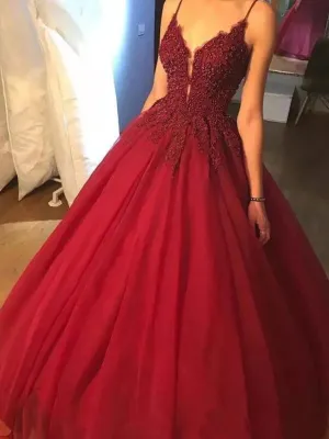 Sexy V Neck Burgundy Prom Dresses Applique Evening Formal Dress