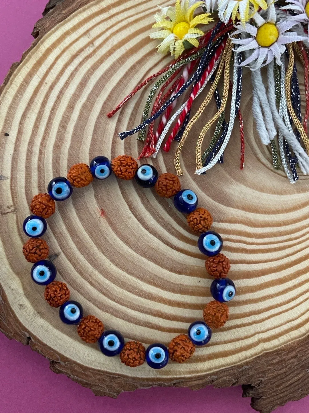 Simple Designer Bracelet Beaded With Rudraksha & Evil Eye Charms